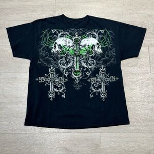 Affliction Style T Shirt Black Skull Cross Faded Grunge Y2K Size XL